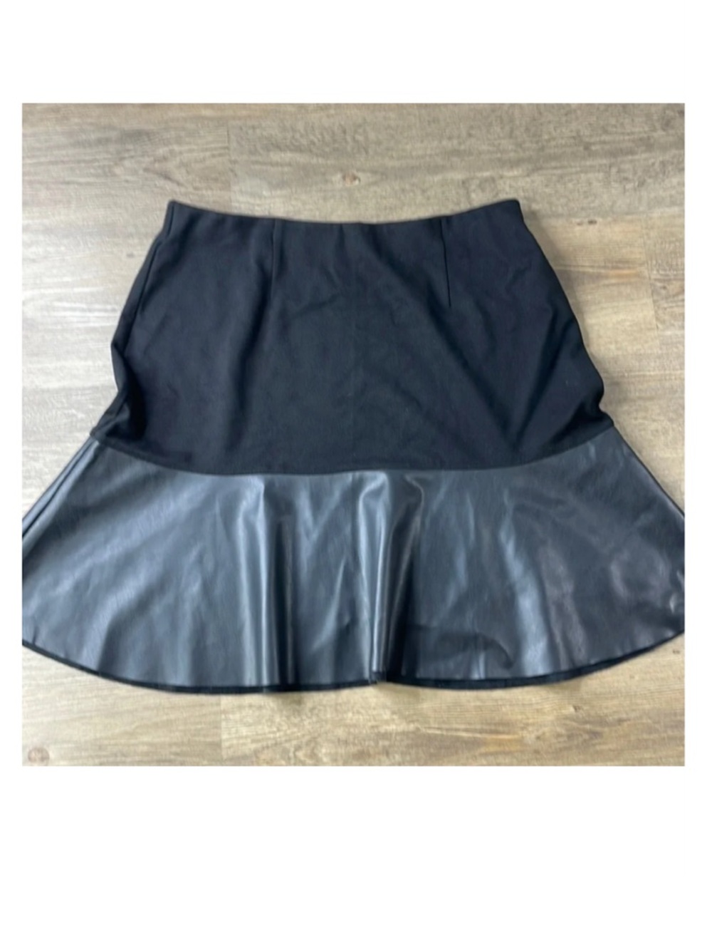 CAbi Black Knit A-Line Skirt with Faux Leather Flounce